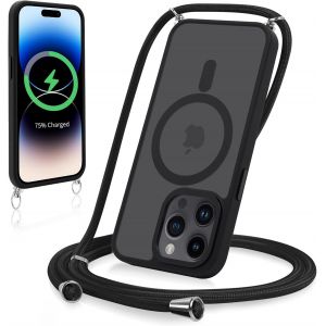 Eryi-Magnétique Coque Pour Iphone 14 Pro Max 6,7"" Avec Cordon, Étui Mat Translucide Rigide Pc +Tpu Bumper Antichoc Protection Housse Avec Réglable Collier Laniere Case, Noir - Neuf