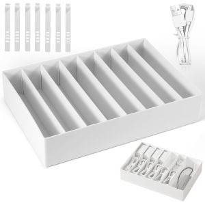 Boîte De Rangement Pour Câbles - Grande Boîte D'Organisation De Câbles - Avec 8 Compartiments Et 7 Serre-Câbles - Compartiments Réglables - Pour Bureau, Chambre À Coucher, Bureau[MAT791398] - Neuf