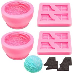 KAL-Lot De 2 Moules En Forme De Boule De Crème Glacée 3D Et 2 Moules À Savon En Forme De Demi-Chocolat, Pour Bougies, Savon, Bombe De Bain, Cire D'Abeille, Décoration De Gâteau - Neuf