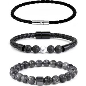 Eryi-2 Pièces Ensemble De Bracelets Pour Homme Noir Bracelet En Cuir En Tressée Bracelet Pierre Naturelle Bracelet Oeil De Tigre Pierre De Lave Saint-Valentin Anniversaire Cadeaux - Neuf