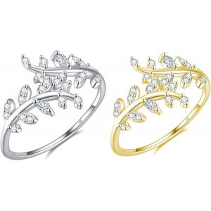 Kahfl-2 Pcs Argent Sterling 925 Réglable Bagues Pour Femme Et Fille Ouverte Zircone Cubique Anneau Feuilles D'olivier Bagues Set Bague De Fiançailles Knuckle Rings Bijoux Cadeaux Dames - Neuf