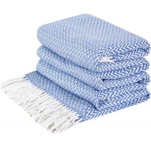 Checarzhn--No1-Couverture Coton Avec Frange. Plaid Coton Pour Le Canape, Le Lit, De Fauteuil, Le Salon, La Chambre, La Décoration Et Comme Cadeau. Plaid Épais, Doux (140 Cm X 200 Cm/Bleu Vif - Blanc) - Neuf