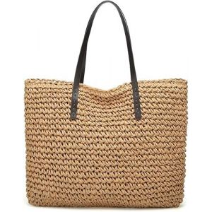 Sac rond en paille tissé pour femme, grand sac de plage, fourre-tout, avec pompons - Neuf