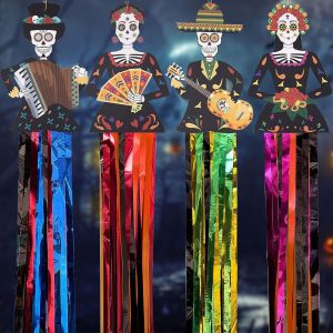 CAUC-Dia de los Muertos Lot de 4 D&eacute;corations &agrave; Suspendre 140 cm pour Halloween - Cr&acirc;ne en Sucre pour le Jour des Morts, F&ecirc;te d'Halloween, D&eacute;coration d'Int&eacute;rieur et d'Ext&eacute;rieur - Neuf