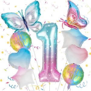 Ballon Decoration Papillon 1 Ans, 11 Pieces D&iquest;&iquest;coration d'anniversaire pour fille, Ballon aluminium papillons color&iquest;&iquest;s, Happy Birthday Decoration Ballons avec Petites Pailles et Petits Rubans - Neuf