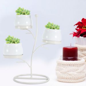 HJLIAN Petit pot de fleurs en ceramique blanche avec branches geometriques et support en fer (blanc) - Neuf