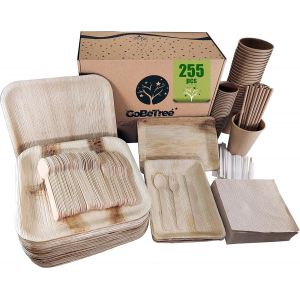 Checarzhn--No1-Vaisselle Jetable - En Feuilles De Palmier, 255 Pièces Pour 25 Personnes, Assiettes Carrées Jetables Avec Plateaux, Couverts En Bois, Verres Et Gobelets À Café Kraft Avec Bâtonnets, Ca - Neuf