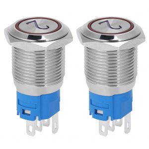 Lot de 2 interrupteurs a bouton-poussoir plats en metal a reinitialisation automatique, 5 broches, avec voyant et symbole numero 2, 16 mm, 220 V CA, rouge - Neuf