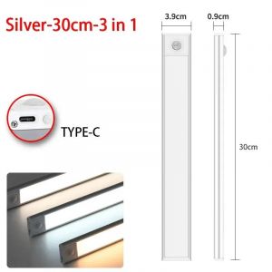 LED veilleuse capteur de mouvement sans fil USB armoire veilleuse armoire lampe pour armoires de cuisine chambre armoire 20/30/40/60CM-Silver 30CM-3color in one Lamp - Neuf