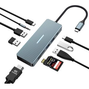Station d'accueil USB C 10 en 1, Adaptateur Hub USB C, Dongle avec HDMI 4K, Hub USB-C pour Ordinateur Portable, Tablette, appareils de Type C (PD 100W, USB 3.0, SD/TF, Audio 3,5 mm) - Neuf