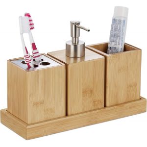 Accessoires de Salle de Bain,Lot de 4,Bambou,Distributeur de Savon à Pompe,gobelet à Brosse à Dents,Bol,Nature - Neuf