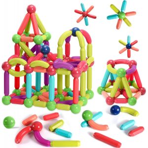 KALWL-64Pcs Jouets De Construction Magn&eacute;tiques,Jouets De Construction 3D,Blocs De Construction Magn&eacute;tiques,Cadeau De Jouet D'Apprentissage &Eacute;ducatif Pour Gar&ccedil;ons Et Filles De 3 &Agrave; 12 Ans - Neuf