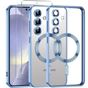 LORANKA-Coque Magn&eacute;tique pour Samsung Galaxy S24 5G avec 2 Pi&egrave;ces Verre Tremp&eacute;, Compatible avec MagSafe, R&eacute;sistante aux Rayures, R&eacute;sistante aux Chocs, Mince et Transparente, Bleu - Neuf