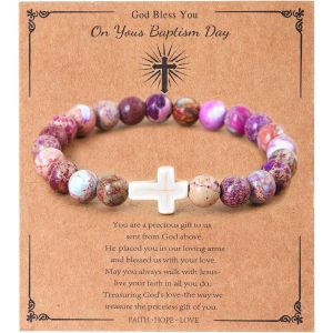 Eryi-Bracelet Croix Pour Femme, Cadeau De Baptême, Chrétien, Catholique, Religieux, Perles En Pierre Naturelle, Cadeau Inspirant Pour Elle - Neuf