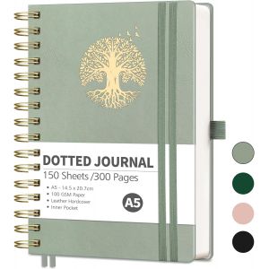 Carnet De Notes A5 À Pois Avec Couverture Rigide En Cuir Quadrillé Et Pointillé, Carnet De Croquis À Spirale, 300 Pages Pour Le Travail Et L'école, Papier Épais De 100 G/M², Marque-Page - Neuf