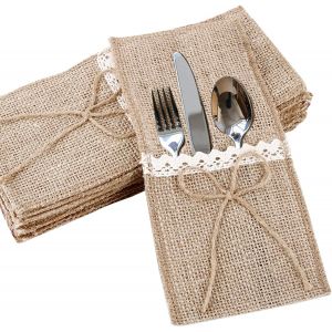20 Pièces De Toile De Jute Couverts Titulaire Pochette Dentelle À La Fourche Vintage Décoration Arts De La Table De Fournitures De Fête De Mariage De Noël Baptême De Jute Arc - Neuf