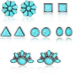 Kal-Lot De 6 Paires De Boucles D'oreilles Turquoise, Turquoise - Boucles D'oreilles En Alliage - Boucles D'oreilles Rondes - Hypoallergéniques - Turquoise - Pour Femme - Bleu - Pierre De Lune - Cadea - Neuf