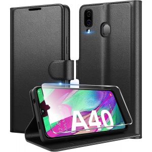 KAL-Coque Pour Samsung Galaxy A40 + 1 Verre Trempé Protection Écran,Housse Premium En Cuir PuFentes Pour CartesPochette De Portefeuille,Etui À Rabat Pour Samsung A40 - Noir - Neuf