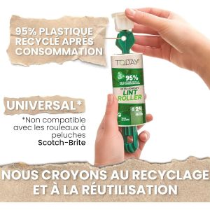 Eco - Rouleau Adhesif Vetement 16 Rouleaux Avec Couvercle + 2 Brosses. Plastique 95% De Mat&eacute;riaux Recycl&eacute;s. Brosse Anti Poil Animaux - Neuf