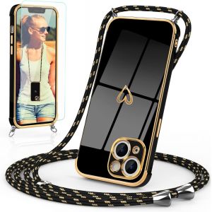 CAUC-Cha&icirc;ne de t&eacute;l&eacute;phone portable - Coque de protection pour iPhone 15 - Avec bande et film de protection - Protection de l'appareil photo - Motif coeur - Motif coeur - Anti-chocs &agrave; 360 &deg; - En - Neuf