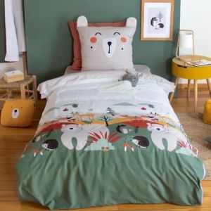 Parure De Lit 140x200 Cm Enfant - Housse De Couette + Taie D'oreiller Animaux De La For&ecirc;t Vert Et Beige Avec Poche Doudou - Neuf