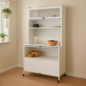 Armoire de cuisine HWC-O53, &eacute;tag&egrave;re de cuisine, plan de travail, compartiments, roulante, m&eacute;tal, 175 x 80 x 42 cmblanc - Neuf