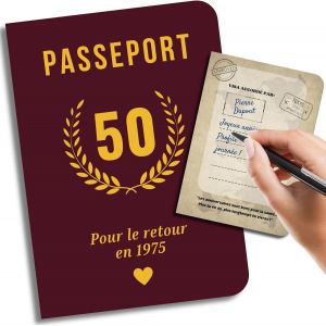 Carte et Livre d'Or d'anniversaire pour 50 ans|Cadeau et souvenir d'anniversaire pour 50 ans|Passeport-cadeau|Passeport pour le retour en 1975 (50e anniversaire) - Neuf