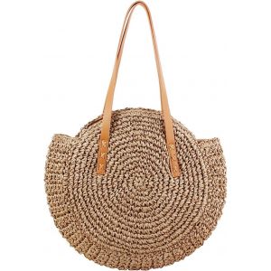 Sac en paille pour femme-Sac bandoulière rétro rond-Sac de plage-Grand sac à bandoulière-Pour les voyages,les vacances,les loisirs-Marron,marron - Neuf