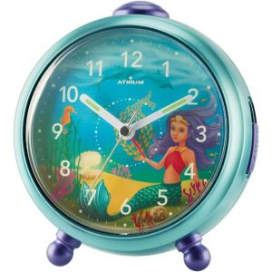 ATRIUM A932-13 R&eacute;veil pour enfant orn&eacute; de la sir&egrave;ne Nelly Bleu R&eacute;veil sans tic-tac avec fonction de rappel de sonnerie, lumi&egrave;re, affichage analogique et mouvement &agrave; quartz - Neuf