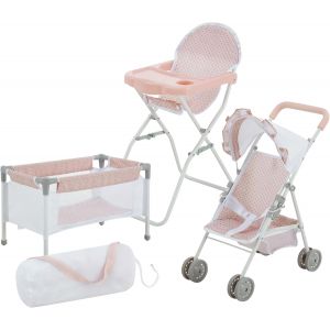 Station De Nurserie 3pcs Lit Bebe Chaise Haute Et Poussette Rose Gris - Neuf