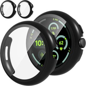 CAUC-2 Pi&egrave;ces Coque pour Google Pixel Watch 3 45mm Protection &Eacute;cran Dur PC Mat&eacute;riel Ultra Mince Verre Tremp&eacute; &Eacute;cran Case,Noir&Noir - Neuf