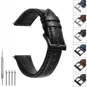 Kal-Bracelet Montre En Cuir 20mm, Bracelet De Montre Noir Pour Homme En Cuir Litchi, Bracelets Montres Souple De Remplacement, Montre Bracelet Avec Boucle Argentée, 20mm 22mm - Neuf