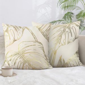 Tianyi-Lot De 2 Housse De Coussin Feuilles D'or 45 X 45 Cm Velours Doux D&eacute;coratif Imprim&eacute; Or Taie D'oreiller Pour Canap&eacute; Lits Chaises Voiture Salon Maison D&eacute;cor - Neuf