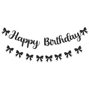 Décorations D'anniversaire Avec Noeud Noir Bannière De Joyeux Anniversaire Guirlande De Fanions Avec Noeud Noir Accessoires Photo À Paillettes Ruban De Satin À Suspendre Tourbillons Décor De Fête Pour - Neuf