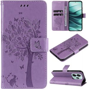 Housse Portefeuille Magnétique Pour Xiaomi Redmi Note 14 5g / Poco M7 Pro 5g ¿ Cuir Synthétique + Tpu, Motif Arbre Et Chat, 2 Emplacements Cartes, Porte-Monnaie Intégré Et Support - Neuf
