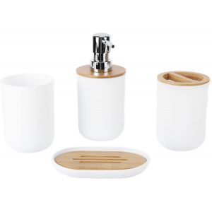 Ensemble d'Accessoires de Salle de Bains 4 pi&egrave;ces en Bambou &Eacute;tanche Blanc &iquest; Porte-brosse &agrave; Dents, Savonni&egrave;re, Distributeur de Lotion et Gobelet &agrave; Rin&ccedil;age pour Maison ou H&ocirc;tel - Neuf