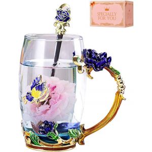 Tasse &Agrave; Th&eacute; En Forme De Marguerite Faite &Agrave; La Main En Verre &Eacute;mail Avec Cuill&egrave;re D&eacute;licate Et Bo&icirc;te Cadeau, Cadeau Parfait Pour &Eacute;pouse, F&ecirc;te Des M&egrave;res, Anniversaire Tasse &Agrave; Caf&eacute; Rose Bleu. - Neuf