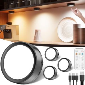 Spot Led Rechargeable Usb Avec Télécommande, Noir Dimmable Lampe De Placard Ronde Eclairage Vitrine Led Sans Fil Spot Cuisine Sous Meuble Autocollant Lampe Armoire Tactile Veilleuse Murale Adhesive - Neuf