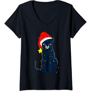 Femme Chat Noir Arbre De No&euml;l Lumi&egrave;res Vacances Chats Amant Cadeau T-Shirt Avec Col En V - Neuf