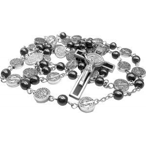 Collier Chapelet Avec Perles H&eacute;matite Catholiques M&eacute;daille Saint Beno&icirc;t Et Croix De J&eacute;sus, Belle Amulette Religieuse Dans Un Sac En Velours &Agrave; - Neuf