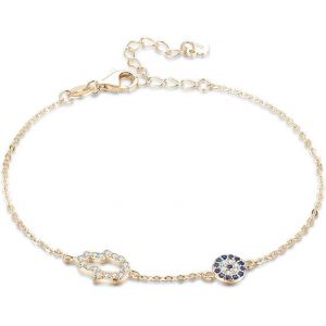 Asas456-Bracelet En Argent Sterling 925,Avec Pendentif En Forme De Main De Fatma Hamsa Et ?il En Oxyde De Zirconium,Doré,Chaîne 16,5cm + 3,8cm - Neuf