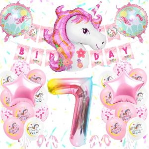 ERYI-7 Ans Licorne Décoration Anniversaire Fille, Ballon Avec Birthday Banner, 3D Licorne Foil Ballons, Grand Foil Number 7, Blanc Rose Décoration Bébé - Neuf