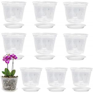 10 pièces Pot Orchidée Transparent avec Trous et Soucoupes Jardinière à Fentes pour Orchidées Pots de Culture pour Orchidées pour Bureau de Balcon Intérieur et Extérieur Plantes 14cm - Neuf
