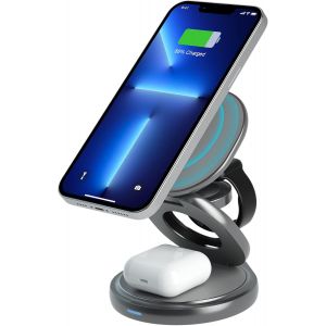 3 In 1 Wireless Charging Station With 360° Rotation Foldable Magnetic Wireless Charger Compatible With Iphone 16/15/14/13/12 Series, For Iwatch And Pods Pro/2/3 Charging Dock - Neuf