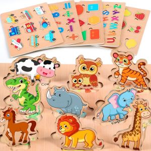 ERYI-6 Pcs Puzzles En Bois Pour Enfants, Montessori Jouet Bebe, Alphabet Nombre Forme Véhicules Fruit Animal Jeuets Educatifs Apprentissage Pour Bébés 2 3 4 Ans Garçons Filles Cadeau Pâques - Neuf