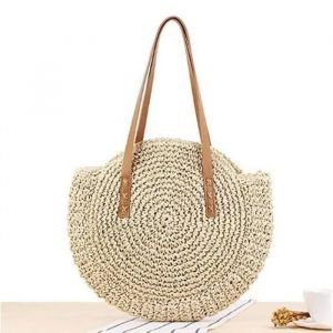 Sac de Plage en Paille Femmes Ronde Osier - Beige - Sac Rotin Sac à Bandoulière Sac de Voyage - Neuf