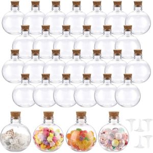 MEVRONISSHOP-30pcs petites bouteilles de sable en plastique flacons de potion avec bouchon de li&egrave;ge et 5 mini entonnoirs pour art d&eacute;coratif, huile essentielle, d&eacute;corations de f&ecirc;te (150ml, boule) - Neuf