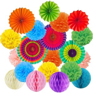 Éventail à pompons en papier, boule en nid d'abeille, décoration de salle, mariage, anniversaire, Pâques, baptême, anniversaire - Multicolore - Neuf
