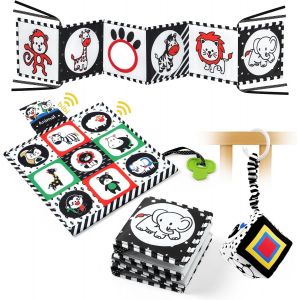 TDRFL-Jouet Livre Tissu Montessori Bébé Eveil 0-12 Mois Carte Noir Et Blanc Bébé Cadeau Naissance Fille Garcon Jouet Sensoriel Hochet Bebe 3Pcs Noir Et Blanc Paquet Jouets Pour Bébé - Neuf