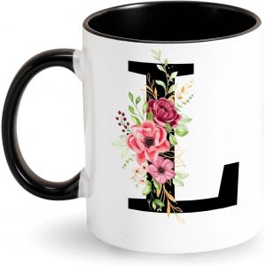 Eryi-Initiale Tasse Personnalisé Lettre Tasse Avec Motif Fleurs Mug Tasse À Café Alphabet Tasse En Céramique Tasse Noire Cadeau Pour Femme, Ami, Maman, Collègue Pour Anniversaire, Fête Des Mères (L) - Neuf